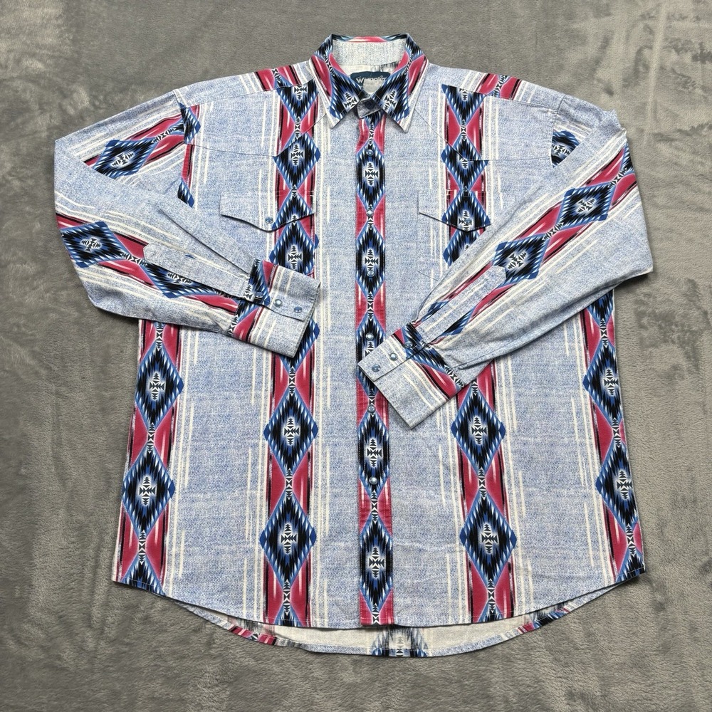 Vintage Wrangler Shirt Mens Large Pearl Snap Western Aztec Cowboy Gaucho